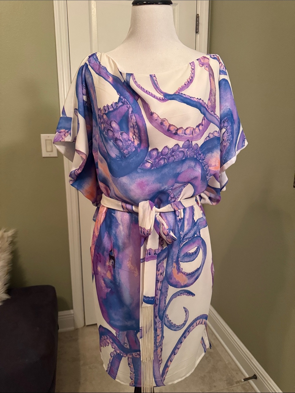 White Dress with Purple & Blue Octopus Print